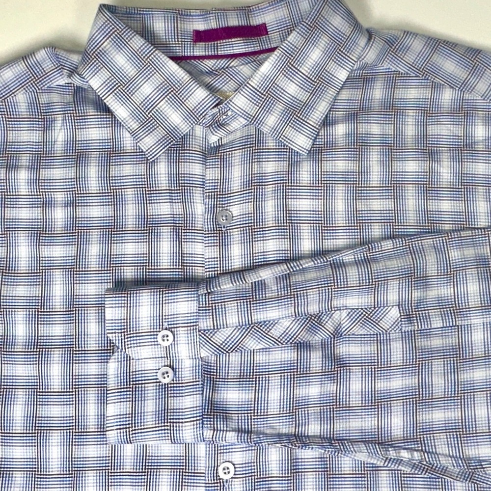 Tommy Bahama Mens Large Blue Purple Silk Blend Basketweave Plaid Button Down - Picture 4 of 6